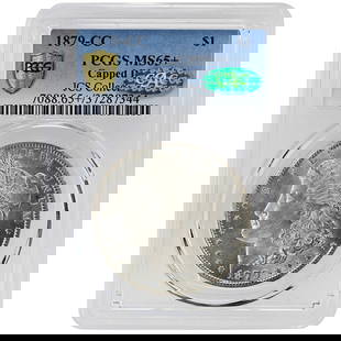 1879-CC Morgan Dollar Capped Die PCGS MS65+ CAC Rare Coin: 1879-CC Morgan Dollar Capped Die PCGS MS65+ CAC Rare Coin This stunning 1879-CC $1 Capped Die Morgan Dollar is a rare collectible coin certified by PCGS as MS65+ with CAC approval. Struck in silver at