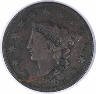1835 Philadelphia Large Cent Coronet Head VF Uncertified Copper Coin: 1835 Philadelphia Large Cent Coronet Head VF Uncertified Copper Coin This 1835 Large Cent is a remarkable piece from the Philadelphia Mint, showcasing the Coronet Head design by Robert Scot. Graded as