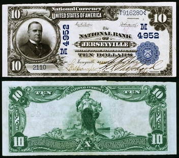 1902 PB $10 Jerseyville IL National Bank Note AU: 1902 PB $10 Jerseyville IL National Bank Note AU This $10 National Bank Note from Jerseyville, IL, issued in 1902, is graded AU (About Uncirculated). The note is circulated, showcasing its historical