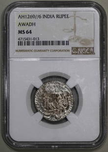 India Silver Rupee Awadh AH1269 NGC MS 64 Wajid Ali Coin: India Silver Rupee Awadh AH1269 NGC MS 64 Wajid Ali Coin This India Silver Rupee from the Awadh region, dated AH1269 and issued under Wajid Ali, is a remarkable piece of numismatic history. Graded MS