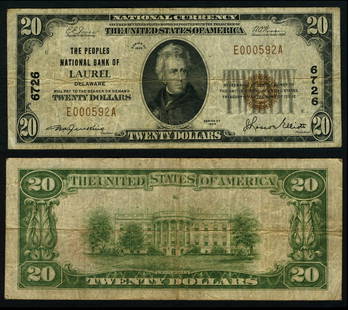 1929 T-1 $20 National Bank Note CH #6726 Peoples NB Fine+: 1929 T-1 $20 National Bank Note CH #6726 Peoples NB Fine+ This $20 National Bank Note from 1929, designated as Type T-1, is a remarkable piece of currency history. It is classified as Fine+ in conditi