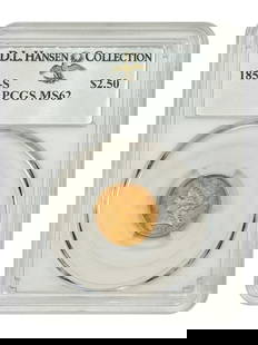 1856-S Liberty Head $2.50 Gold Coin PCGS MS62 Uncirculated: 1856-S Liberty Head $2.50 Gold Coin PCGS MS62 Uncirculated This 1856-S $2.50 Liberty Head coin is certified by PCGS with a grade of MS62, indicating it is uncirculated and in excellent condition. Mint