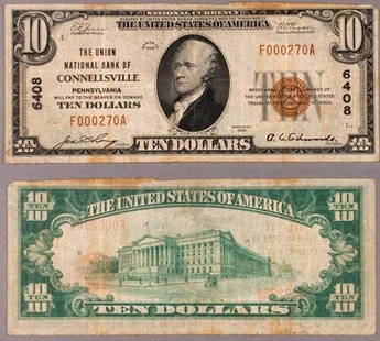 1929 T-1 $10 National Bank Note Union NB Connellsville PA: 1929 T-1 $10 National Bank Note Union NB Connellsville PA This $10 National Bank Note from 1929, issued by the Union National Bank of Connellsville, PA, is a notable piece for collectors. The note is