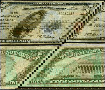 1929 T-1 $5 National Bank Note Oakdale PA Ch #5327 Fine: 1929 T-1 $5 National Bank Note Oakdale PA Ch #5327 Fine This is a $5 National Bank Note from Oakdale, Pennsylvania, issued in 1929 (Type T-1). The note is in Fine condition and has been circulated. It