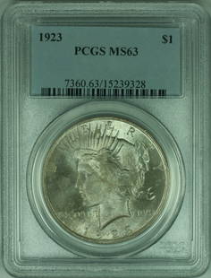 1923 Peace Silver Dollar Coin PCGS MS63 Beautifully Toned: 1923 Peace Silver Dollar Coin PCGS MS63 Beautifully Toned This 1923 Peace Silver Dollar is a stunning example of numismatic craftsmanship. Graded MS 63 by PCGS, this coin is uncirculated and