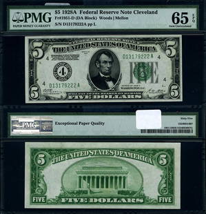 1928-A $5 Federal Reserve Note Cleveland PMG CU65 EPQ Gem: 1928-A $5 Federal Reserve Note Cleveland PMG CU65 EPQ Gem This is a stunning 1928-A $5 Federal Reserve Note from the Cleveland district, graded as CU65 EPQ by PMG, indicating its exceptional quality a