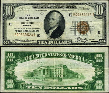 1929 $10 Federal Reserve Bank Note Richmond E-A Block VF+: 1929 $10 Federal Reserve Bank Note Richmond E-A Block VF+ This offering features a 1929 Federal Reserve Bank Note from the Richmond district, designated as E-A Block. The note is graded as VF+ (Very F