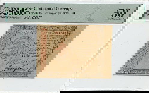 1779 $3 Continental Currency Note PMG AU50 Certified: 1779 $3 Continental Currency Note PMG AU50 Certified This is a $3 Continental Currency note dated January 14, 1779, certified by PMG with a grade of AU50. The note has been circulated, indicating its