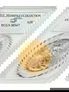 1928 St. Gaudens $20 Gold Coin PCGS MS67 Uncirculated Gem: 1928 St. Gaudens $20 Gold Coin PCGS MS67 Uncirculated Gem This 1928 $20 St. Gaudens gold coin is certified by PCGS with a remarkable grade of MS67, making it one of the finest known specimens. With a