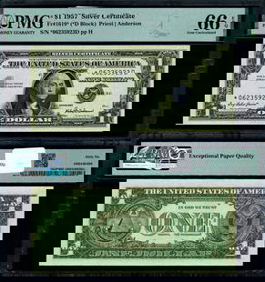 1957 $1 Silver Certificate PMG CU66 EPQ D Block Gem Collector's Item: 1957 $1 Silver Certificate PMG CU66 EPQ D Block Gem Collector's Item This 1957 $1 Silver Certificate is graded as CU66 EPQ Gem by PMG, indicating its exceptional quality and uncirculated condition. Fe