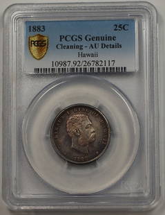 1883 Hawaii 25 Cents Silver Coin PCGS Genuine AU Details: 1883 Hawaii 25 Cents Silver Coin PCGS Genuine AU Details This 1883 25 Cents Silver coin from Hawaii is certified by PCGS as Genuine with AU Details, indicating it has been cleaned. A remarkable piece