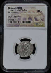 Gordian III AR Denarius NGC XF40 Ancient Roman Coin: Gordian III AR Denarius NGC XF40 Ancient Roman Coin This Ancient Roman denarius features Gordian III, who ruled from AD 238-244. Certified by NGC with a grade of XF40, this coin exemplifies excellent