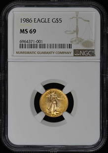 1986 Eagle G$5 Coin NGC MS69 Certified Authentic: 1986 Eagle G$5 Coin NGC MS69 Certified Authentic This is a 1986 Eagle G$5 coin, certified by NGC with a remarkable grade of MS69. The coin is pre-owned and comes with a certification number of 6964371