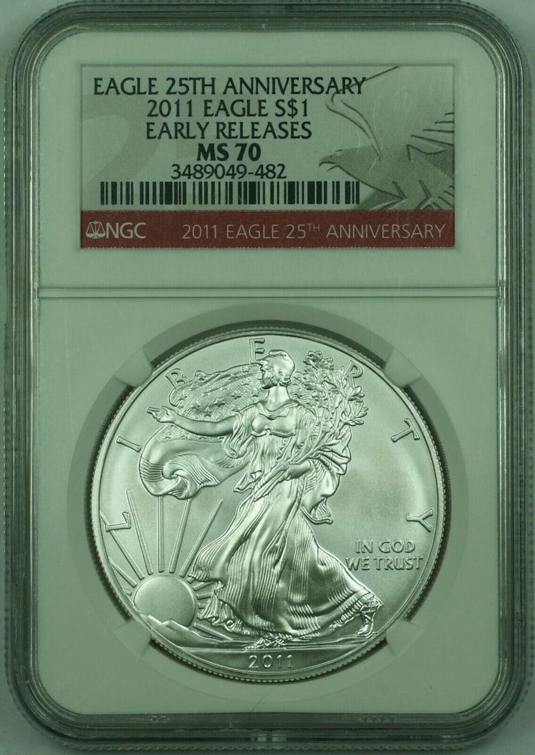 2011 American Silver Eagle S$1 NGC MS-70 25th Anniversary Uncirculated Coin: 2011 American Silver Eagle S$1 NGC MS-70 25th Anniversary Uncirculated Coin This 2011 American Silver Eagle S$1 Dollar coin is a stunning piece, graded MS-70 by NGC, signifying its perfect condition. 