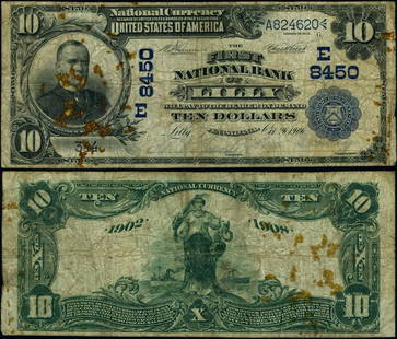 1902 DB $10 National Bank Note Lilly PA Ch #8450 Circulated: 1902 DB $10 National Bank Note Lilly PA Ch #8450 Circulated This $10 National Bank Note from 1902, issued by Lilly PA, is a fine example of early American currency. The note is circulated and exhibits
