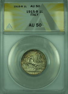 1915-R Italy 1 Lira Silver Coin ANACS AU 50 KM#32: 1915-R Italy 1 Lira Silver Coin ANACS AU 50 KM#32 This 1915-R 1 Lira silver coin from Italy is a stunning collectible piece with an ANACS certification graded at AU 50. Made of silver, it features a d