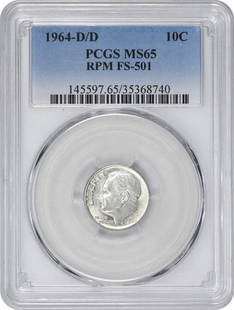 1964-D/D Roosevelt Silver Dime MS65 PCGS Uncirculated 90% Silver: 1964-D/D Roosevelt Silver Dime MS65 PCGS Uncirculated 90% Silver This 1964-D/D Roosevelt Silver Dime is an uncirculated coin certified by PCGS with a grade of MS65, showcasing its exceptional