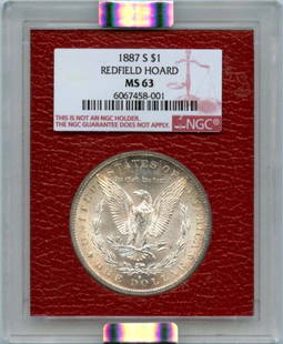 1887 S Morgan Silver Dollar NGC MS63 Redfield Hoard Uncirculated: 1887 S Morgan Silver Dollar NGC MS63 Redfield Hoard Uncirculated This 1887 S Morgan Silver Dollar is a stunning example, certified by NGC with a grade of MS63, indicating its uncirculated condition. M