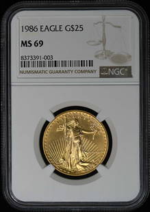 1986 Eagle G$25 Coin NGC MS69 Certified 8373391003: 1986 Eagle G$25 Coin NGC MS69 Certified 8373391003 This 1986 Eagle G$25 coin is certified by NGC and graded MS69, indicating its exceptional quality and minimal imperfections. The certification number