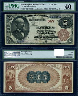 1882 BB $5 National Bank Note Philadelphia PMG XF40: 1882 BB $5 National Bank Note Philadelphia PMG XF40 This is a $5 National Bank Note from the year 1882 BB, issued by the National Bank of Commerce in Philadelphia, Pennsylvania. The note is graded XF4
