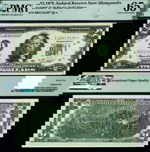 1976 $2 Federal Reserve Note Minneapolis PMG CU65 EPQ Gem: 1976 $2 Federal Reserve Note Minneapolis PMG CU65 EPQ Gem This is a 1976 Federal Reserve Note with a denomination of $2, issued by the Minneapolis branch. It is graded as CU65 EPQ Gem by PMG, indicati