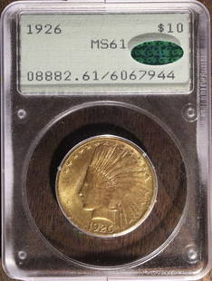 1926 $10 Indian Head Gold Eagle Coin MS61 CAC PCGS Rattler: 1926 $10 Indian Head Gold Eagle Coin MS61 CAC PCGS Rattler This stunning 1926 Indian Head Gold Eagle $10 coin is a remarkable piece of American numismatic history. Graded MS 61 by PCGS with CAC certif