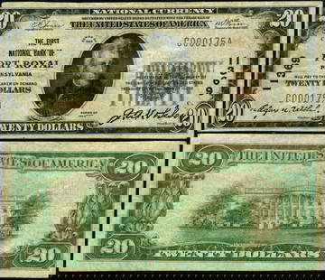 $20 1929 T-1 National Bank Note Port Royal PA Ch #11369: $20 1929 T-1 National Bank Note Port Royal PA Ch #11369 This is a $20 National Bank Note from Port Royal, Pennsylvania, issued in 1929. It is classified as a Type T-1 note and is in Fine+ condition, i
