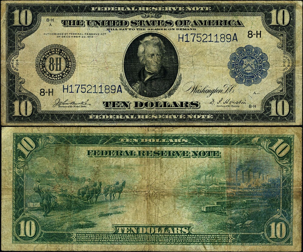 1914 $10 Federal Reserve Note St. Louis Circulated Fine+: 1914 $10 Federal Reserve Note St. Louis Circulated Fine+ This 1914 Federal Reserve Note from St. Louis features a denomination of $10 and is classified as Fine+. It is a circulated piece, showcasing t