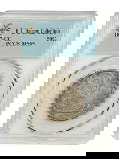1877-CC Liberty Seated Half Dollar PCGS MS65 Gem Coin: 1877-CC Liberty Seated Half Dollar PCGS MS65 Gem Coin This 1877-CC 50C Liberty Seated Half Dollar, certified by PCGS with a grade of MS65, showcases remarkable uncirculated condition. The lustrous tan