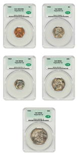 1952 CACG MS65-66 Uncirculated Mint Set 5 Coins Philadelphia: 1952 CACG MS65-66 Uncirculated Mint Set 5 Coins Philadelphia This 1952 Mint Set features five uncirculated coins graded by CACG, including the following denominations: 1C, 5C, 10C, 25C, and 50C, with
