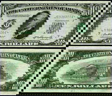 1950-A $10 AU Choice Federal Reserve Note Chicago G* Block: 1950-A $10 AU Choice Federal Reserve Note Chicago G* Block This 1950-A $10 Federal Reserve Note from the Chicago district features a grade of AU Choice, indicating a well-preserved circulated conditio