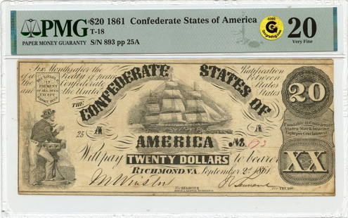 1861 $20 Confederate States PMG VF20 Gold Note: 1861 $20 Confederate States PMG VF20 Gold Note This 1861 $20 note from the Confederate States of America is graded VF20 by PMG, indicating its well-preserved state despite being circulated. This histo