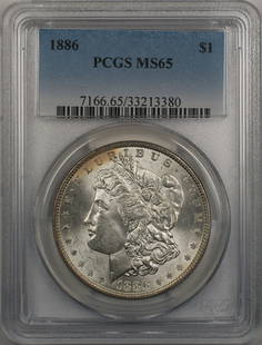 1886 Morgan Silver Dollar PCGS MS 65 Uncirculated Philadelphia Silver Coin: 1886 Morgan Silver Dollar PCGS MS 65 Uncirculated Philadelphia Silver Coin This 1886 Morgan Silver Dollar is a stunning example of American numismatic history. Certified by PCGS with a grade of MS
