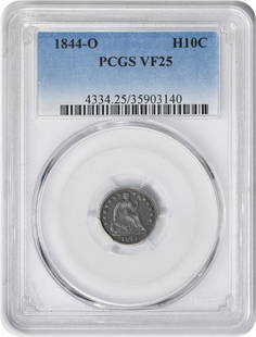 1844-O Liberty Seated Half Dime VF25 Silver PCGS Certified: 1844-O Liberty Seated Half Dime VF25 Silver PCGS Certified This 1844-O Liberty Seated Silver Half Dime is a remarkable addition for any coin collector. Certified by PCGS, this coin is in a circulated