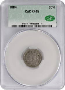1884 CACG Certified Three Cent Nickel EF45 Philadelphia: 1884 CACG Certified Three Cent Nickel EF45 Philadelphia This 1884 Three Cent Nickel is certified by CACG and graded EF45. Minted in Philadelphia, this coin features a composition of 75% copper and