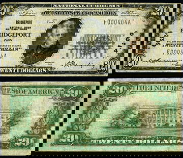 1929 T-1 $20 National Bank Note Bridgeport Ohio Fine+: 1929 T-1 $20 National Bank Note Bridgeport Ohio Fine+ This $20 National Bank Note from Bridgeport, Ohio, is a 1929 T-1 issue, graded Fine+. It is a circulated note, showcasing its historical