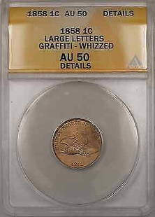 1858 Flying Eagle 1C Coin Large Letters ANACS AU-50: 1858 Flying Eagle 1C Coin Large Letters ANACS AU-50 This 1858 Flying Eagle 1 Cent coin features large letters and is graded AU-50 by ANACS. Made of copper-nickel, this pre-owned coin is a remarkable