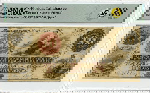 1864 $10 Florida Tallahassee PMG VF30 Obsolete Currency Note: 1864 $10 Florida Tallahassee PMG VF30 Obsolete Currency Note This 1864 $10 Florida note from Tallahassee is an obsolete currency piece, certified by PMG with a grade of VF30. The note has been circula