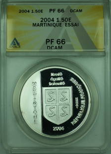 2004 France ANACS PF 66 DCAM 1.5 Euro Proof Silver Coin: 2004 France ANACS PF 66 DCAM 1.5 Euro Proof Silver Coin This 2004 1.50E France ANACS PF 66 DCAM Martinique Essai 1.5 Euro Proof Silver Coin is a stunning addition to any collection. It is certified by