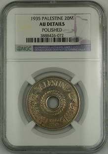 1935 Palestine 20 Mils Coin NGC AU Details Circulated: 1935 Palestine 20 Mils Coin NGC AU Details Circulated This 1935 Palestine 20 Mils coin, certified by NGC with an AU Details grade, showcases historical significance and numismatic value. The coin exhi