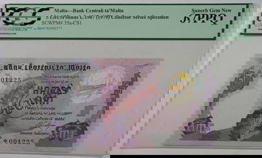 Malta 1967 5 Liri Pound Specimen SCWPM#35a-CS1 PCGS 67 EPQ Uncirculated: Malta 1967 5 Liri Pound Specimen SCWPM#35a-CS1 PCGS 67 EPQ Uncirculated This remarkable specimen banknote is a Malta 5 Liri/5 Pound from 1967, designated as SCWPM#35a-CS1. Certified by PCGS Currency,