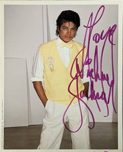 Michael Jackson Signed 1983 Promo Photo with Love Inscription BAS Authenticated: Michael Jackson Signed 1983 Promo Photo with Love Inscription BAS Authenticated This is an original 1983 promotional photograph of Michael Jackson, measuring 7.5x9.5 inches. The photo features the ins