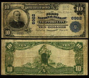 1902 $10 Trafford City National Bank Note Ch #6962 Circulated: 1902 $10 Trafford City National Bank Note Ch #6962 Circulated This 1902 $10 National Bank Note from the First National Bank is a remarkable piece of currency history. Graded Fine+, it showcases the ch