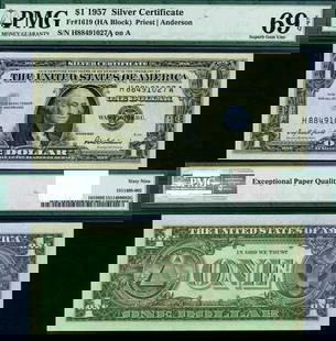 1957 $1 Silver Certificate FR. 1619 PMG 69 EPQ H-A Block Uncirculated: 1957 $1 Silver Certificate FR. 1619 PMG 69 EPQ H-A Block Uncirculated This 1957 $1 Silver Certificate, designated as FR. 1619, is a remarkable piece for collectors. It is graded as a Superb Gem with a