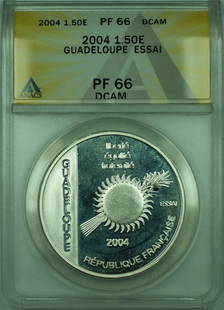 2004 France 1.5 Euro Silver Proof Coin ANACS PF 66 Guadeloupe: 2004 France 1.5 Euro Silver Proof Coin ANACS PF 66 Guadeloupe This 2004 1.50E France ANACS PF 66 DCAM Guadeloupe Essai 1.5 Euro Silver Proof Coin is a stunning collectible. Struck in silver, this unci