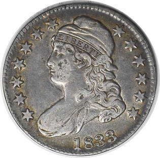 1833 Bust Half Dollar Silver Coin by John Reich: 1833 Bust Half Dollar Silver Coin by John Reich This 1833 Bust Half Dollar, a stunning piece of American coinage, showcases the artistry of designer John Reich. Minted in Philadelphia, this coin is