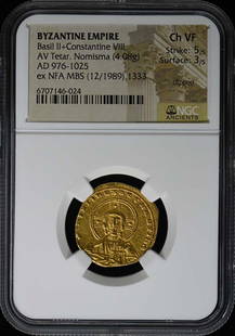 Basil II Constantine VIII Byzantine AV Tetar Nomisma NGC VF30: Basil II Constantine VIII Byzantine AV Tetar Nomisma NGC VF30 This Byzantine AV Tetar Nomisma features the coins of Basil II and Constantine VIII, certified by NGC with a grade of VF30. This