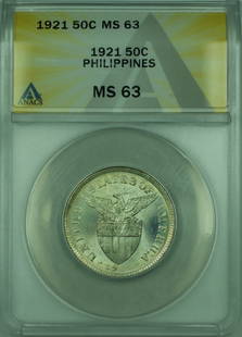1921 Philippines 50 Centavos Silver Coin ANACS MS-63 KM#171 Uncirculated: 1921 Philippines 50 Centavos Silver Coin ANACS MS-63 KM#171 Uncirculated This 1921 50 Centavos coin from the Philippines features a stunning uncirculated grade of MS-63, certified by ANACS. Crafted