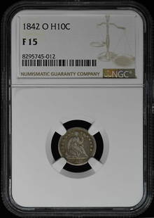 1842-O Liberty Seated Half Dime NGC F15 Stars Obverse: 1842-O Liberty Seated Half Dime NGC F15 Stars Obverse This 1842-O Seated Half Dime features a Stars Obverse design, certified by NGC with a grade of F15. Minted in New Orleans, this coin is a