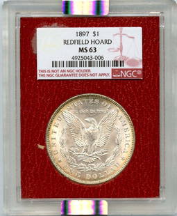 1897 NGC MS63 Morgan Silver Dollar Redfield Hoard Uncirculated: 1897 NGC MS63 Morgan Silver Dollar Redfield Hoard Uncirculated This 1897 Morgan Silver Dollar is an exquisite piece from the famed Redfield Hoard, certified by NGC with a grade of MS63. Struck at the
